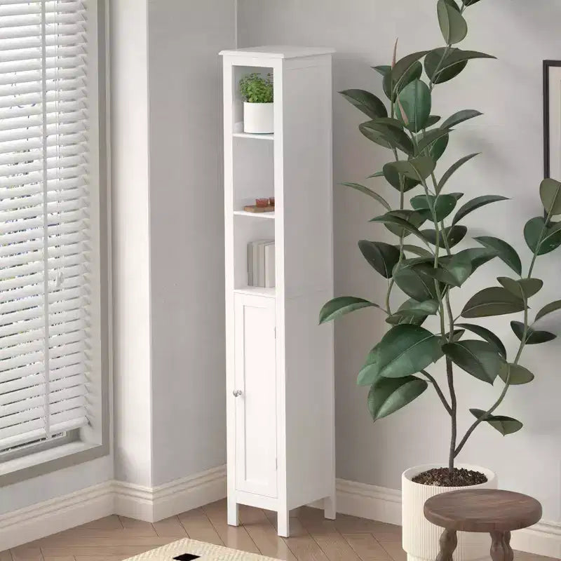 Armoire de salle de bain haute sur pied, étagères réglables et portes réversibles