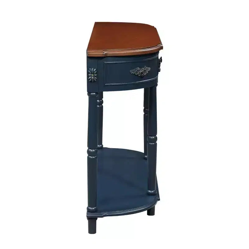 Console Rétro Courbée en Pin, Étagère Ouverte et 2 Tiroirs — Bleu Marine et Marron