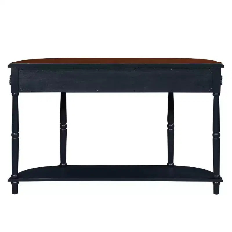 Console Rétro Courbée en Pin, Étagère Ouverte et 2 Tiroirs — Bleu Marine et Marron