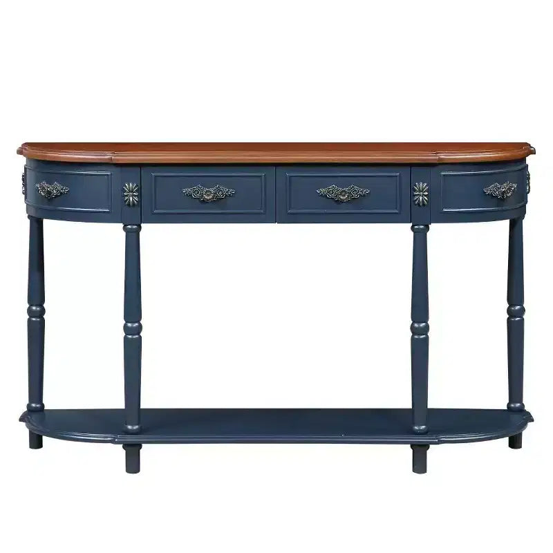 Console Rétro Courbée en Pin, Étagère Ouverte et 2 Tiroirs — Bleu Marine et Marron