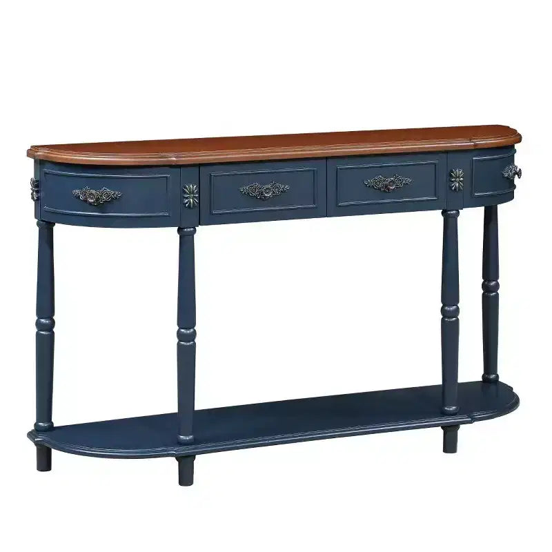 Console Rétro Courbée en Pin, Étagère Ouverte et 2 Tiroirs — Bleu Marine et Marron