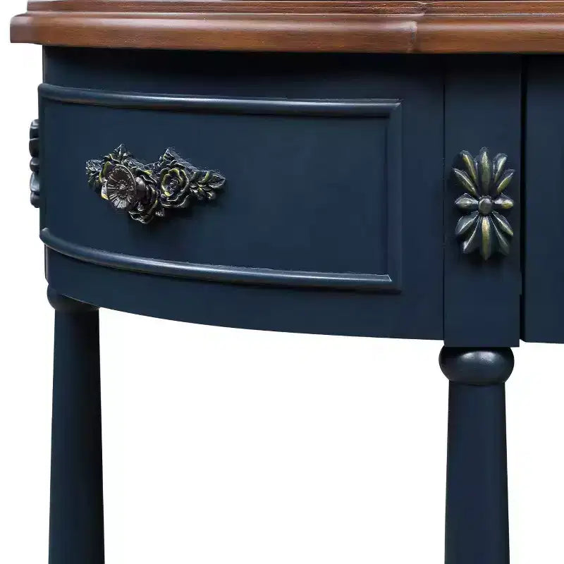 Console Rétro Courbée en Pin, Étagère Ouverte et 2 Tiroirs — Bleu Marine et Marron