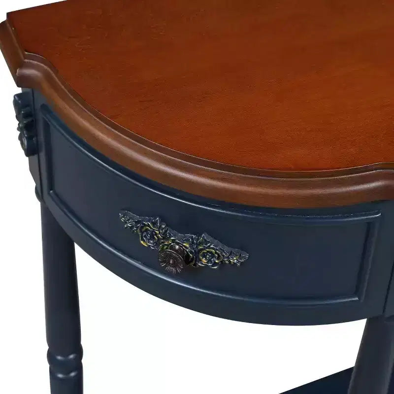 Console Rétro Courbée en Pin, Étagère Ouverte et 2 Tiroirs — Bleu Marine et Marron