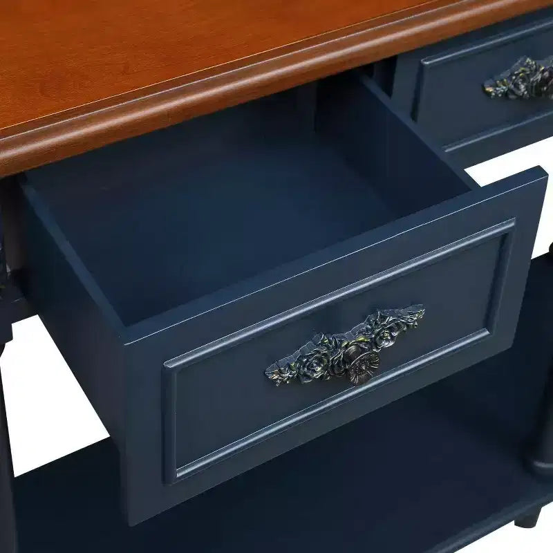 Console Rétro Courbée en Pin, Étagère Ouverte et 2 Tiroirs — Bleu Marine et Marron